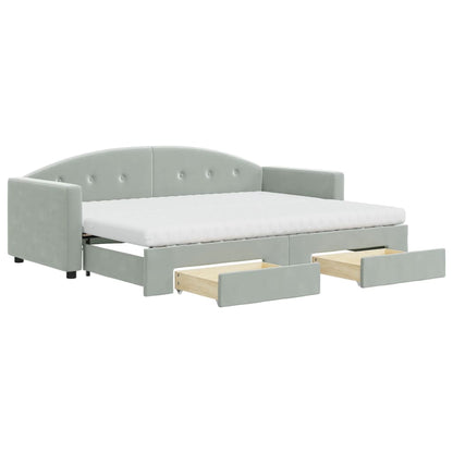 Slaapbank Onderschuifbed En Lades Fluweel 80 x 200 cm Lichtgrijs met onderschuifbed en lade en matras
