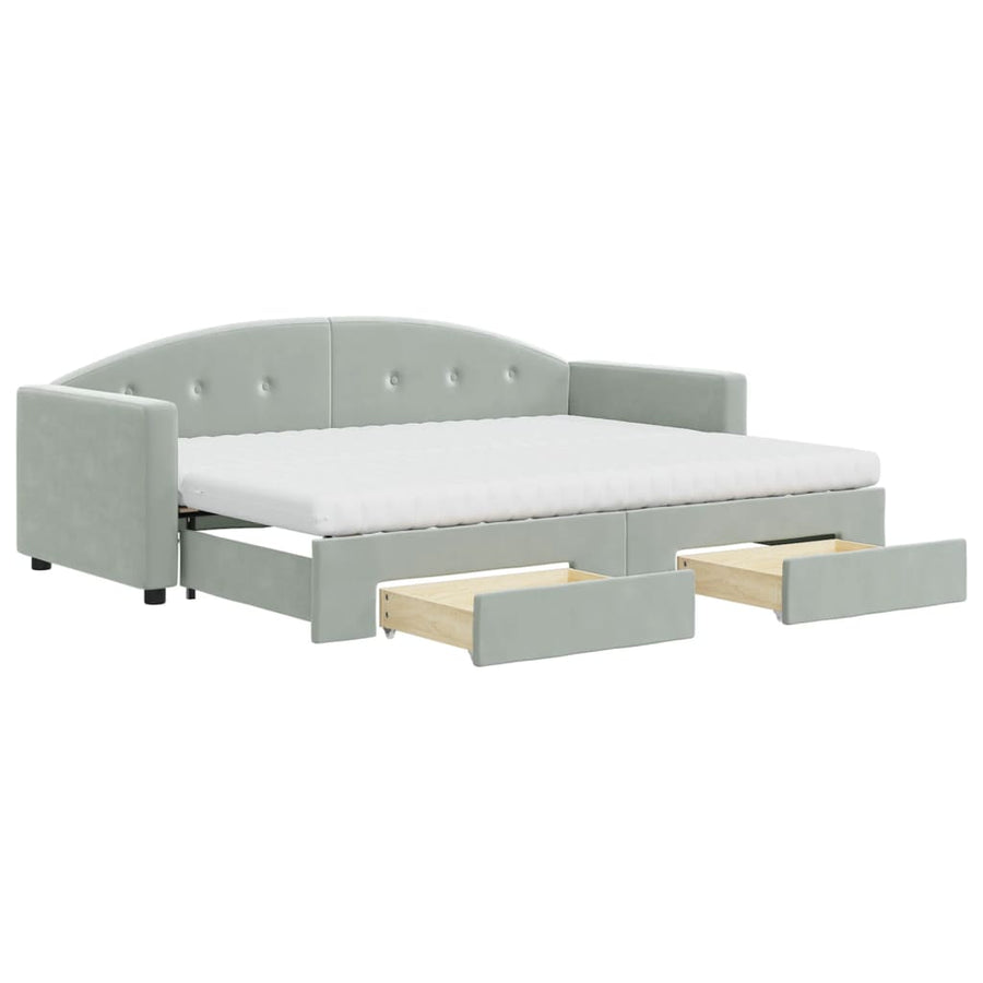 Slaapbank Onderschuifbed En Lades Fluweel 80 x 200 cm Lichtgrijs met onderschuifbed en lade en matras