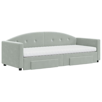 Slaapbank Onderschuifbed En Lades Fluweel 80 x 200 cm Lichtgrijs met onderschuifbed en lade en matras