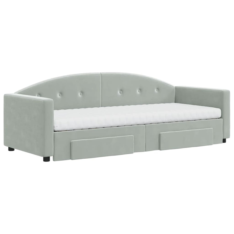 Slaapbank Onderschuifbed En Lades Fluweel 80 x 200 cm Lichtgrijs met onderschuifbed en lade en matras