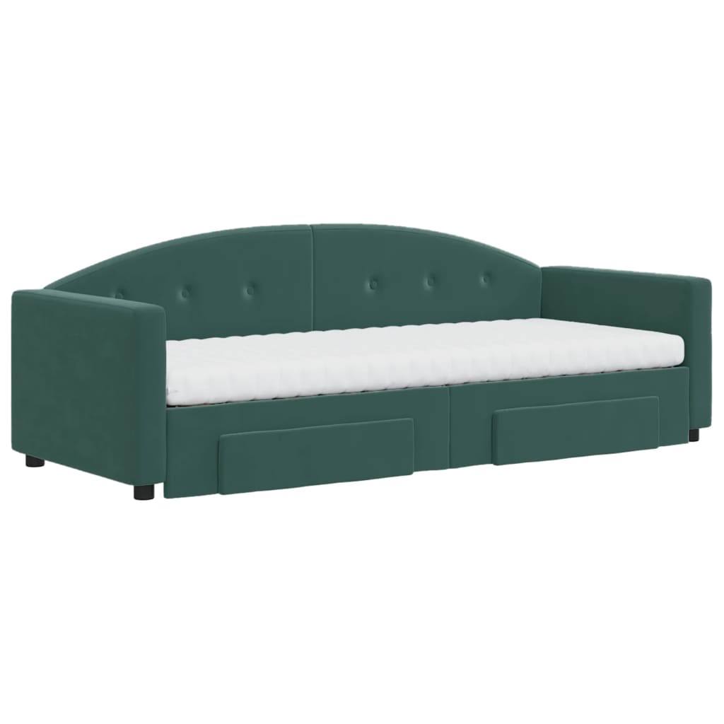 Slaapbank Onderschuifbed En Lades Fluweel 80 x 200 cm Donkergroen met onderschuifbed en lade en matras