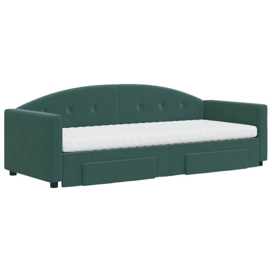 Slaapbank Onderschuifbed En Lades Fluweel 80 x 200 cm Donkergroen met onderschuifbed en lade en matras