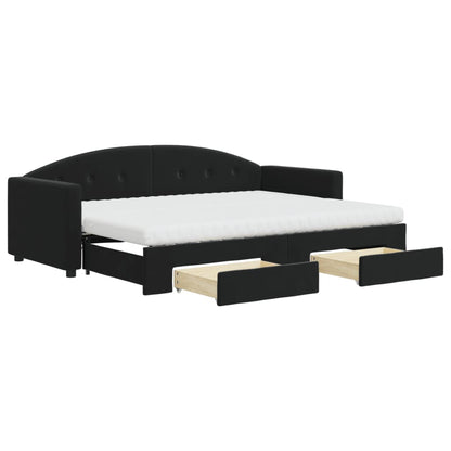 Slaapbank Met Onderschuifbed En Lades Fluweel 80 x 200 cm Zwart met onderschuifbed en lade en matras