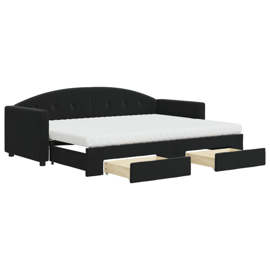Slaapbank Met Onderschuifbed En Lades Fluweel 80 x 200 cm Zwart met onderschuifbed en lade en matras