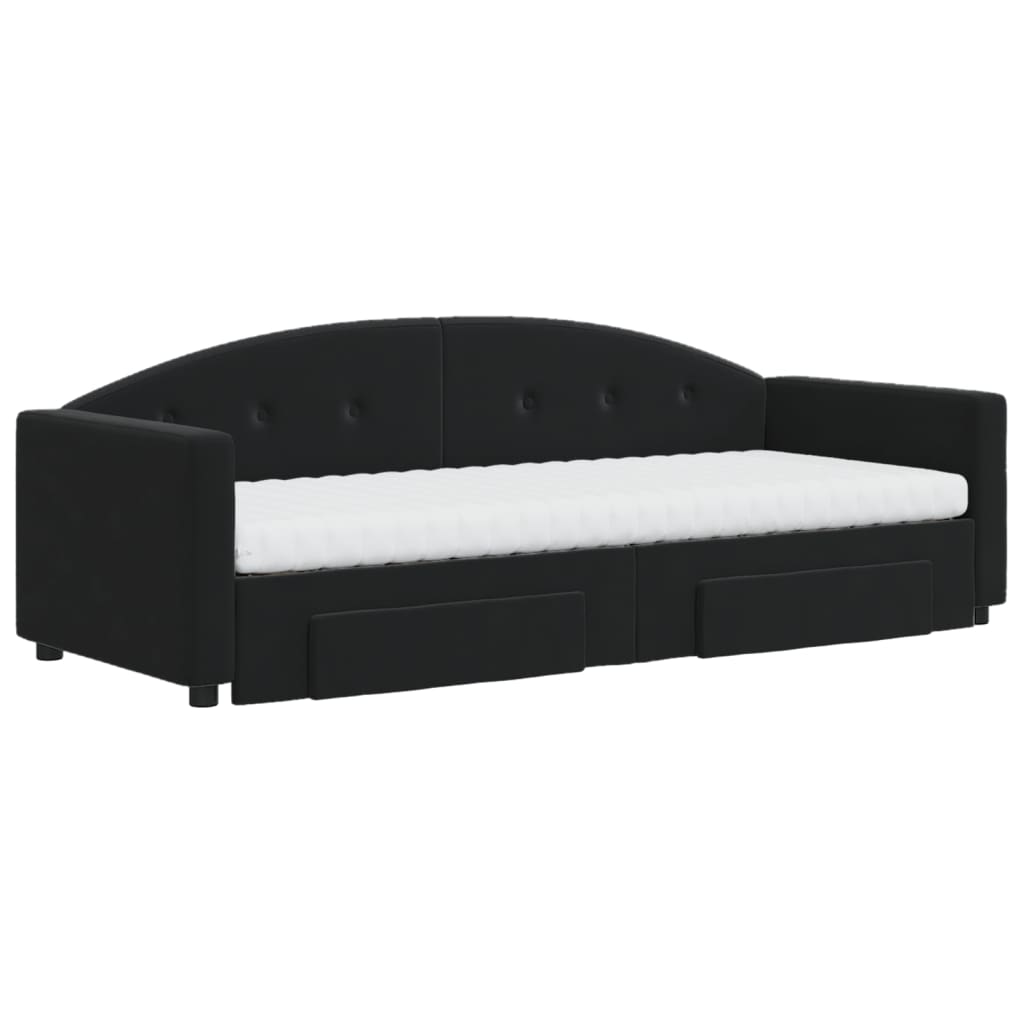 Slaapbank Met Onderschuifbed En Lades Fluweel 80 x 200 cm Zwart met onderschuifbed en lade en matras