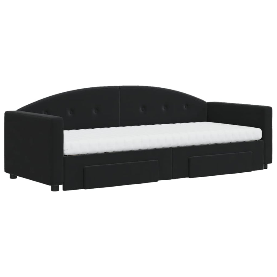 Slaapbank Met Onderschuifbed En Lades Fluweel 80 x 200 cm Zwart met onderschuifbed en lade en matras