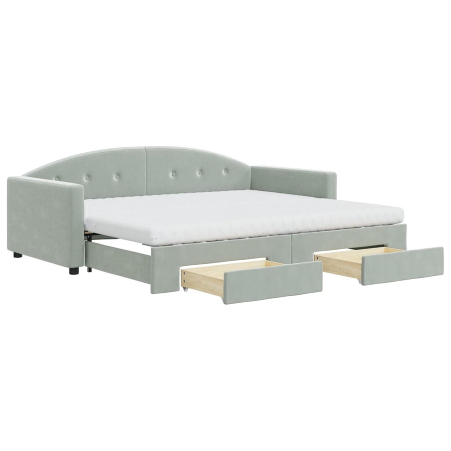 Slaapbank Onderschuifbed En Lades Fluweel 90 x 200 cm Lichtgrijs met onderschuifbed en lade en matras