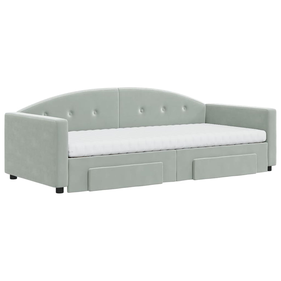 Slaapbank Onderschuifbed En Lades Fluweel 90 x 200 cm Lichtgrijs met onderschuifbed en lade en matras