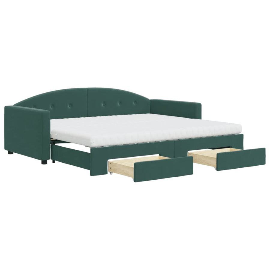 Slaapbank Onderschuifbed En Lades Fluweel 90 x 200 cm Donkergroen met onderschuifbed en lade en matras