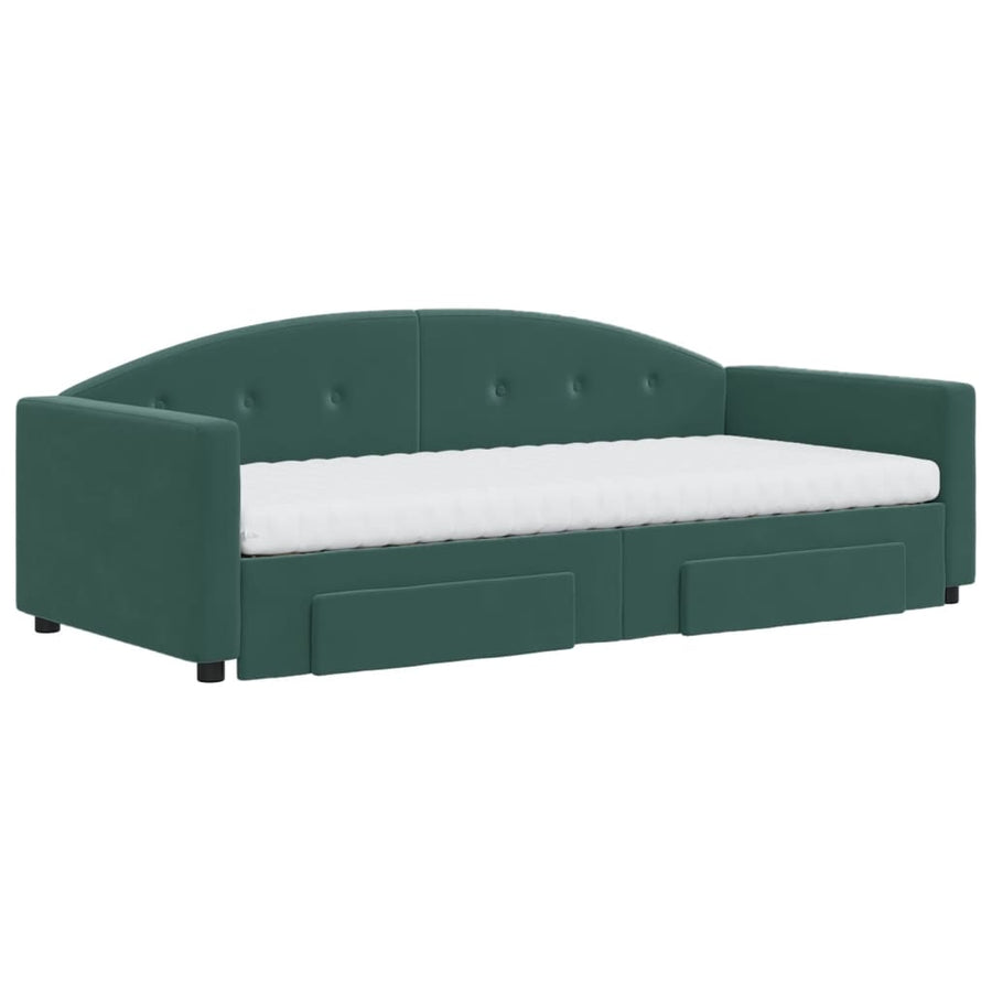 Slaapbank Onderschuifbed En Lades Fluweel 90 x 200 cm Donkergroen met onderschuifbed en lade en matras