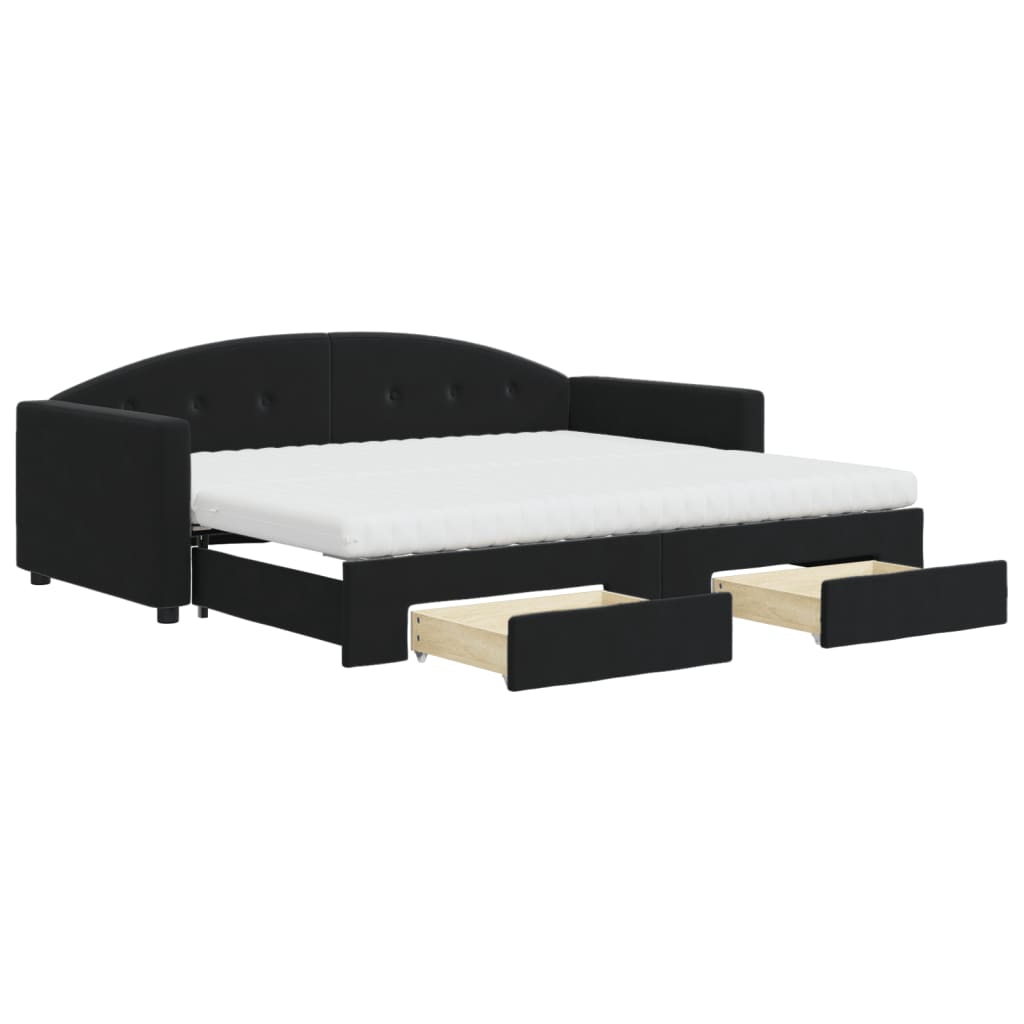 Slaapbank Met Onderschuifbed En Lades Fluweel 90 x 200 cm Zwart met onderschuifbed en lade en matras