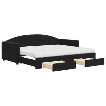 Slaapbank Met Onderschuifbed En Lades Fluweel 90 x 200 cm Zwart met onderschuifbed en lade en matras
