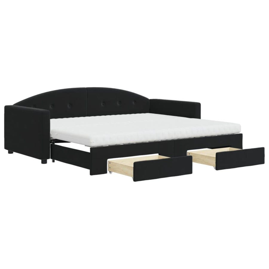 Slaapbank Met Onderschuifbed En Lades Fluweel 90 x 200 cm Zwart met onderschuifbed en lade en matras