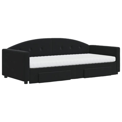 Slaapbank Met Onderschuifbed En Lades Fluweel 90 x 200 cm Zwart met onderschuifbed en lade en matras