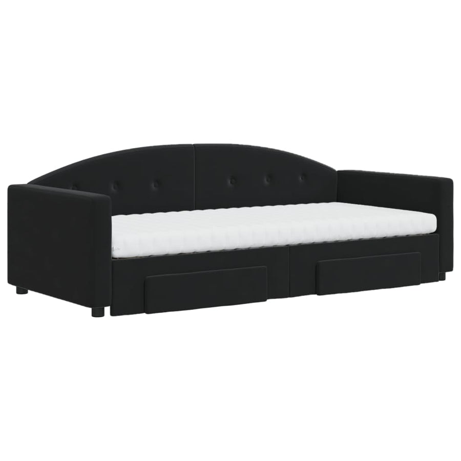 Slaapbank Met Onderschuifbed En Lades Fluweel 90 x 200 cm Zwart met onderschuifbed en lade en matras