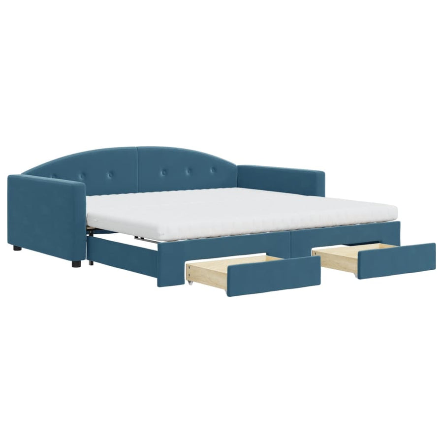 Slaapbank Met Onderschuifbed En Lades Fluweel 100 x 200 cm Blauw met onderschuifbed en lade en matras