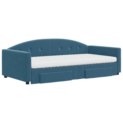 Slaapbank Met Onderschuifbed En Lades Fluweel 100 x 200 cm Blauw met onderschuifbed en lade en matras