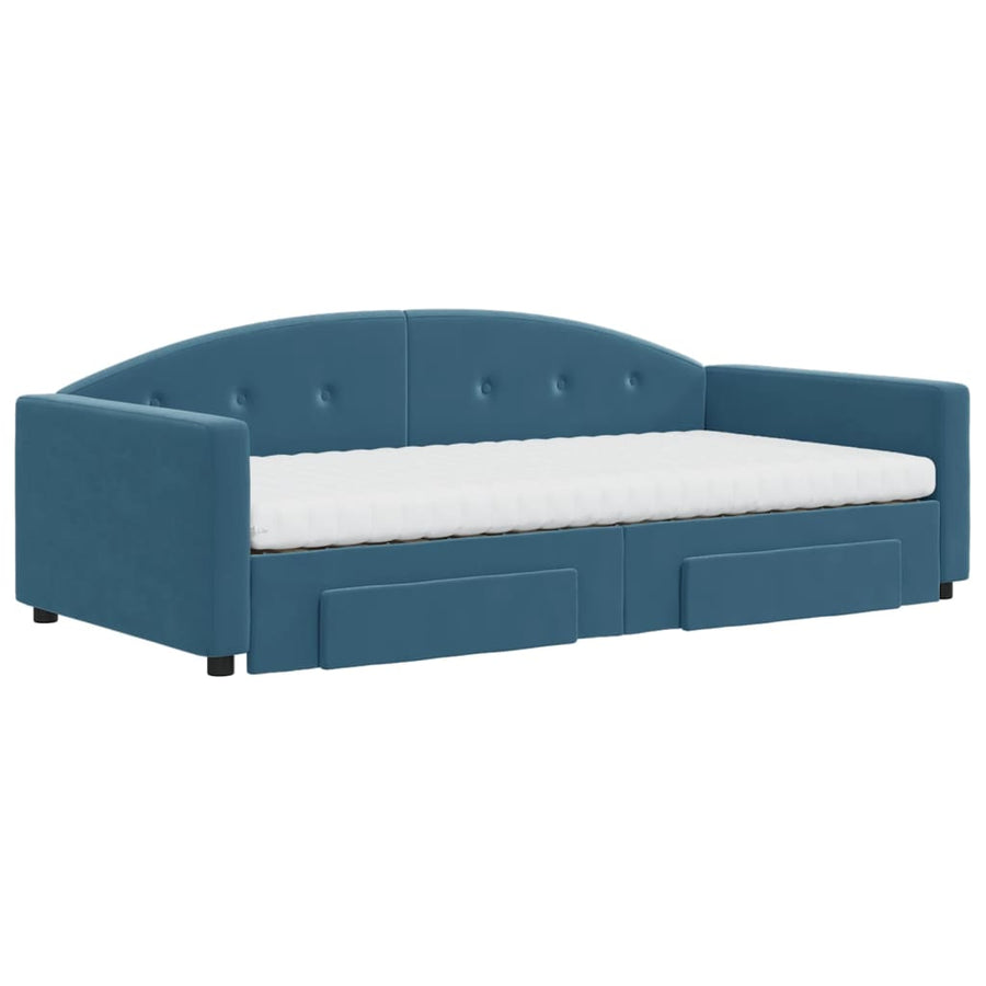 Slaapbank Met Onderschuifbed En Lades Fluweel 100 x 200 cm Blauw met onderschuifbed en lade en matras