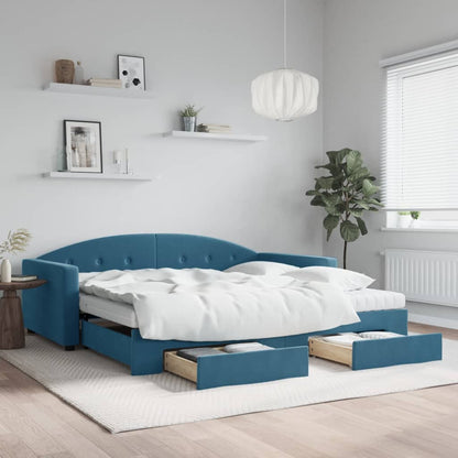 Slaapbank Met Onderschuifbed En Lades Fluweel 100 x 200 cm Blauw met onderschuifbed en lade en matras