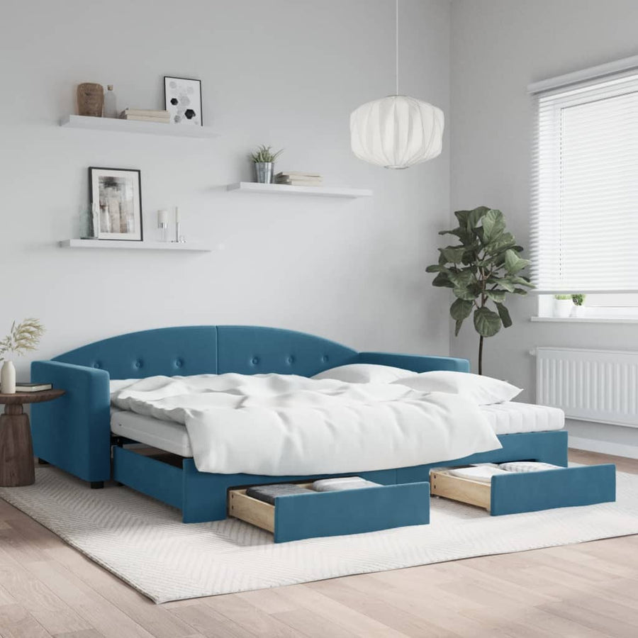 Slaapbank Met Onderschuifbed En Lades Fluweel 100 x 200 cm Blauw met onderschuifbed en lade en matras