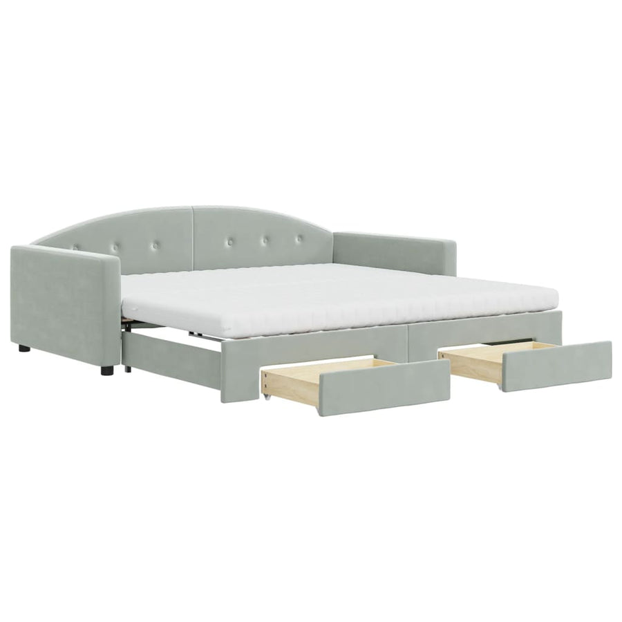 Slaapbank Onderschuifbed En Lades Fluweel 100 x 200 cm Lichtgrijs met onderschuifbed en lade en matras