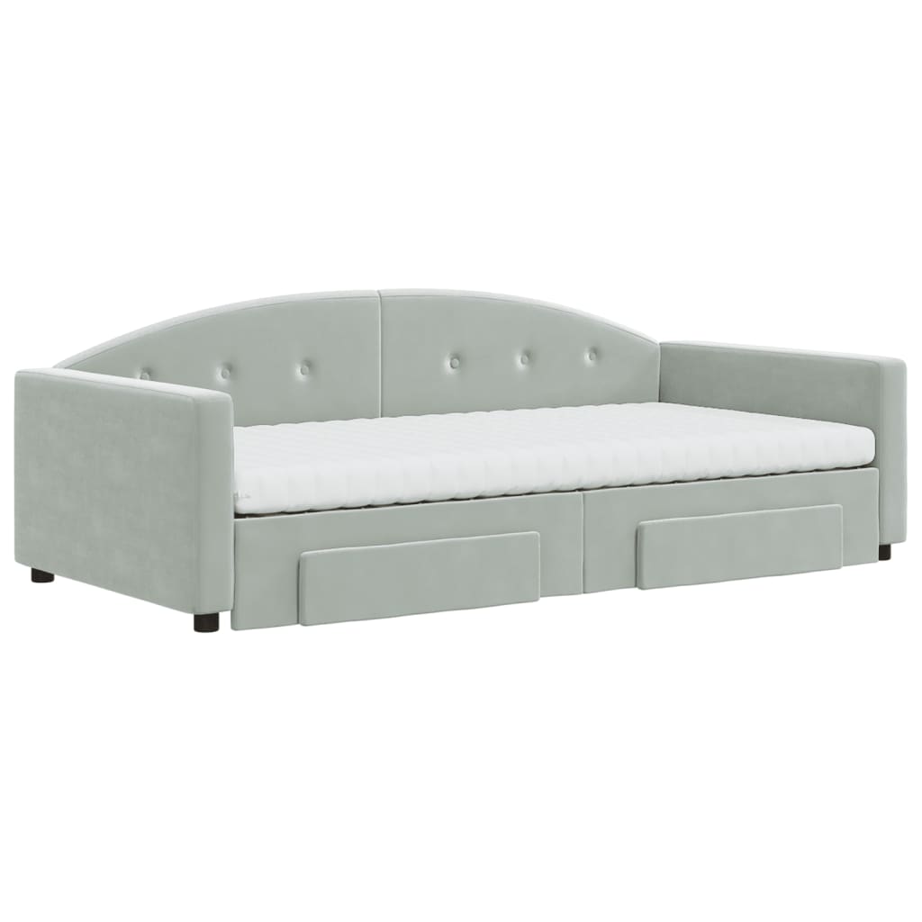 Slaapbank Onderschuifbed En Lades Fluweel 100 x 200 cm Lichtgrijs met onderschuifbed en lade en matras