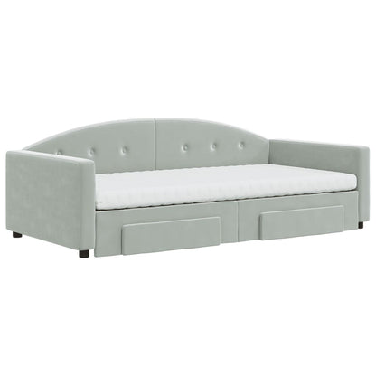 Slaapbank Onderschuifbed En Lades Fluweel 100 x 200 cm Lichtgrijs met onderschuifbed en lade en matras