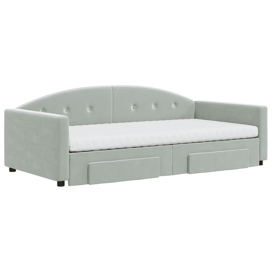 Slaapbank Onderschuifbed En Lades Fluweel 100 x 200 cm Lichtgrijs met onderschuifbed en lade en matras