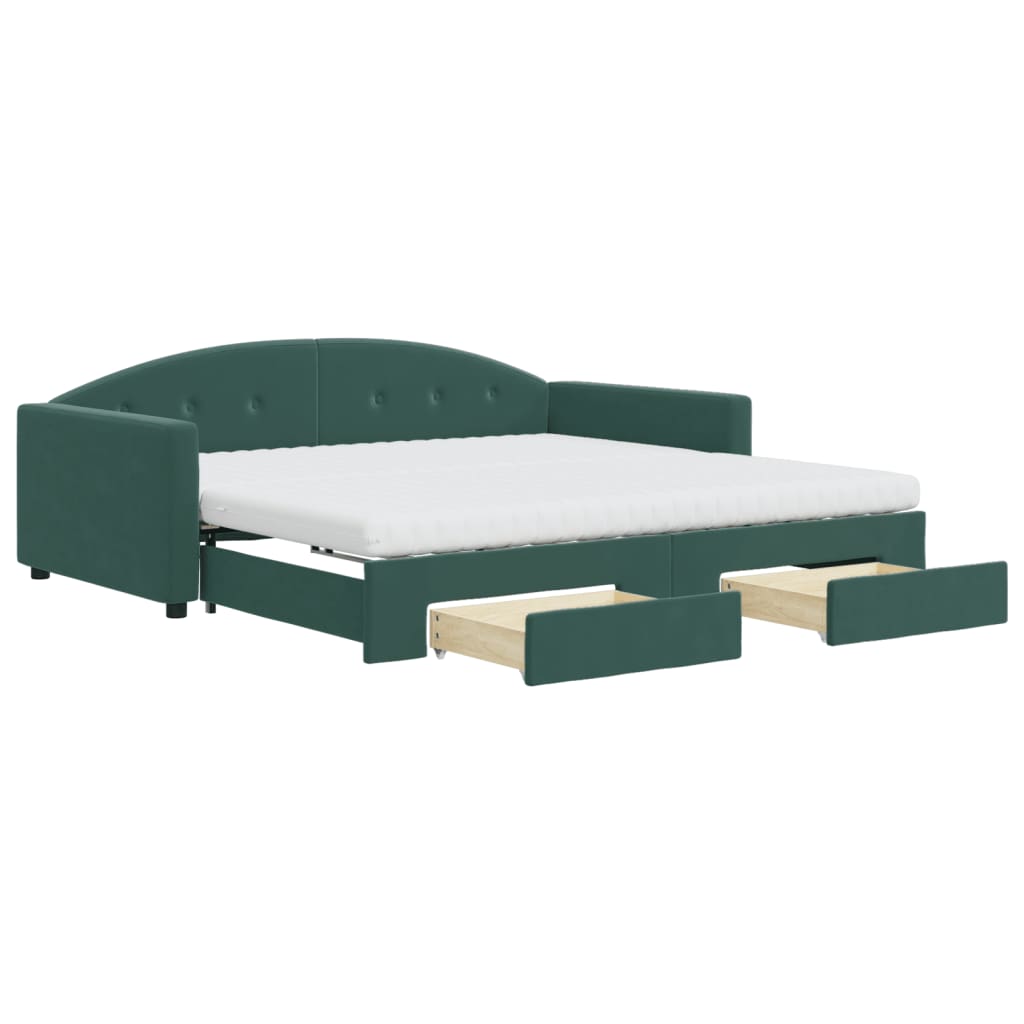 Slaapbank Onderschuifbed Lades Fluweel 100 x 200 cm Donkergroen met onderschuifbed en lade en matras