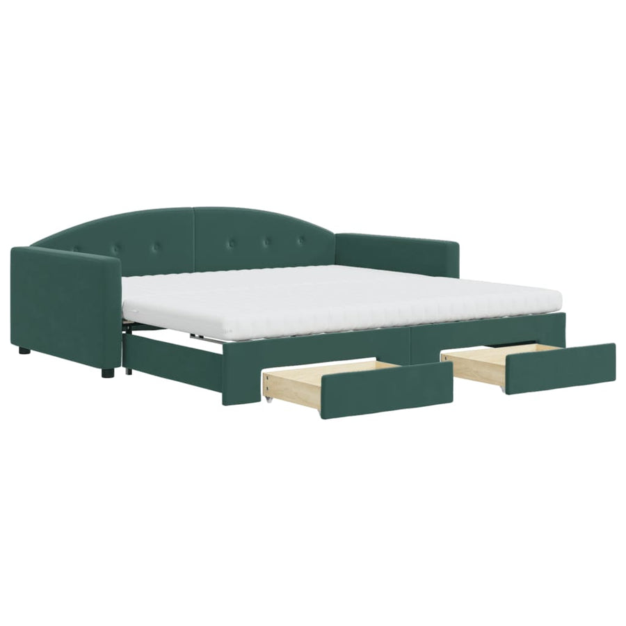 Slaapbank Onderschuifbed Lades Fluweel 100 x 200 cm Donkergroen met onderschuifbed en lade en matras