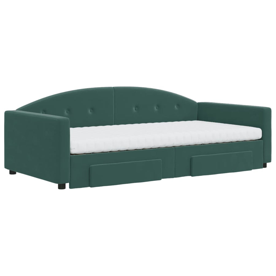 Slaapbank Onderschuifbed Lades Fluweel 100 x 200 cm Donkergroen met onderschuifbed en lade en matras