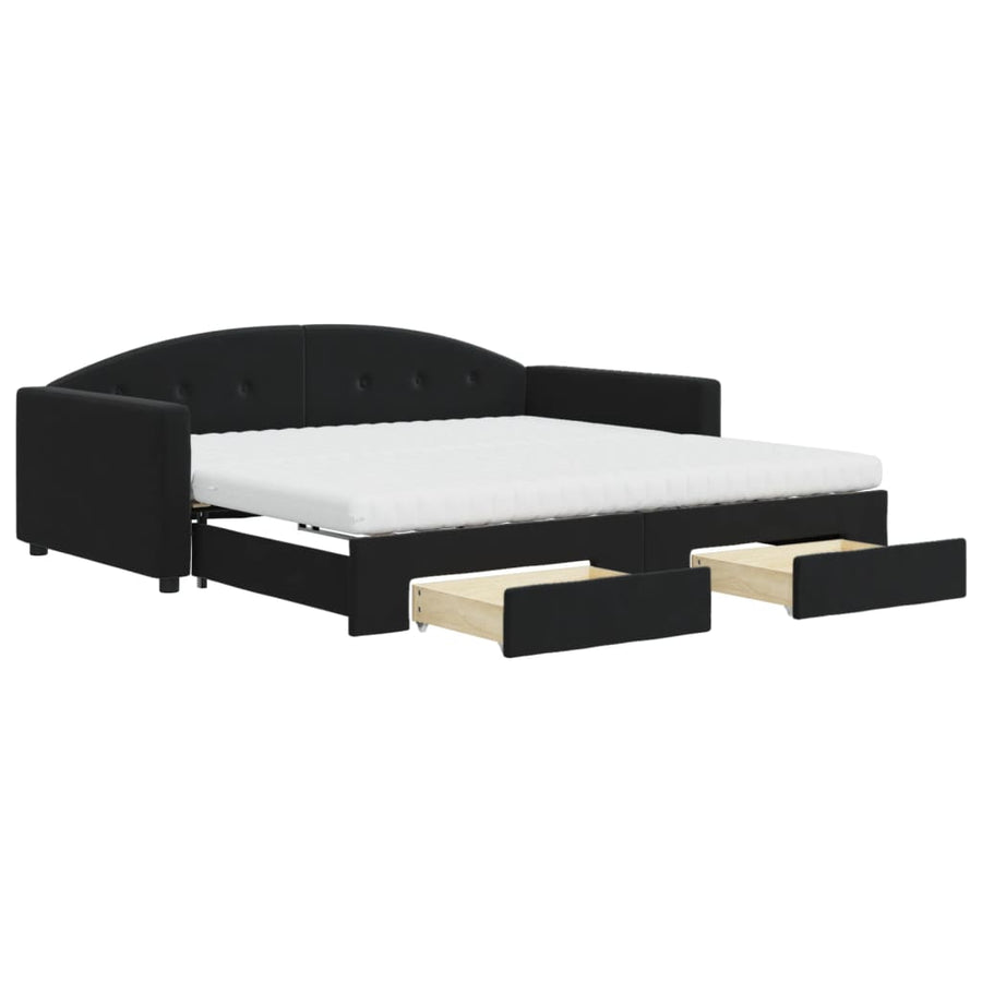 Slaapbank Met Onderschuifbed En Lades Fluweel 100 x 200 cm Zwart met onderschuifbed en lade en matras