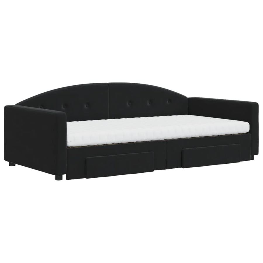 Slaapbank Met Onderschuifbed En Lades Fluweel 100 x 200 cm Zwart met onderschuifbed en lade en matras