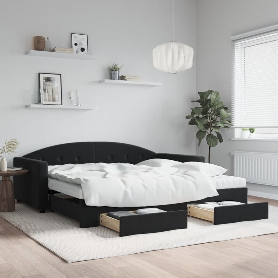 Slaapbank Met Onderschuifbed En Lades Fluweel 100 x 200 cm Zwart met onderschuifbed en lade en matras