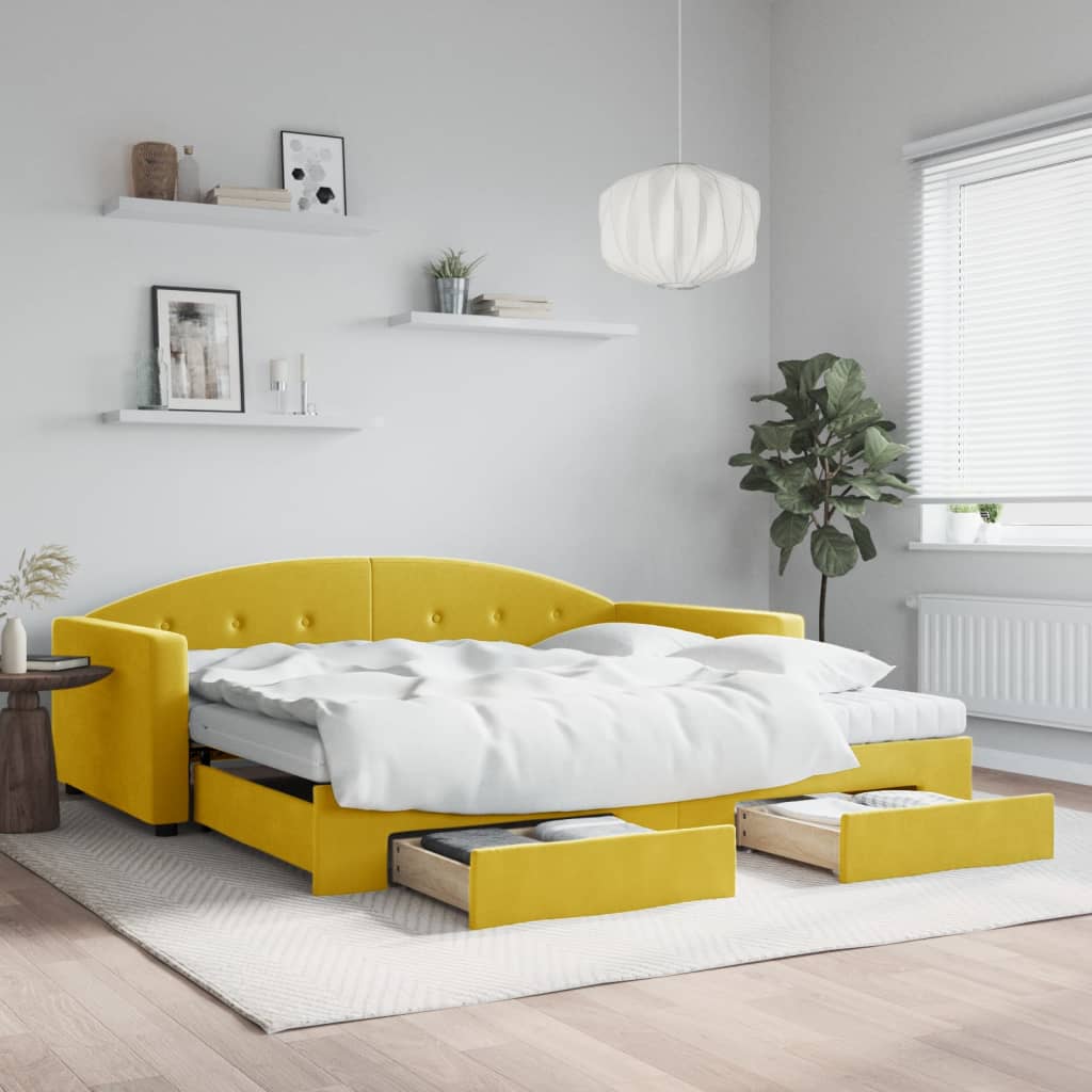 Slaapbank met onderschuifbed en lades 100x200 cm fluweel geel