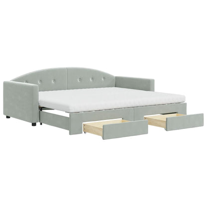 Slaapbank Onderschuifbed En Lades Fluweel 90 x 190 cm Lichtgrijs met onderschuifbed en lade en matras