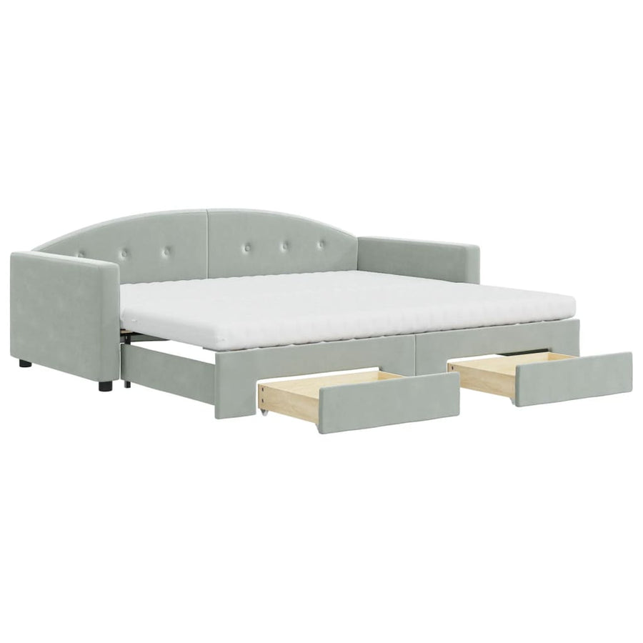 Slaapbank Onderschuifbed En Lades Fluweel 90 x 190 cm Lichtgrijs met onderschuifbed en lade en matras