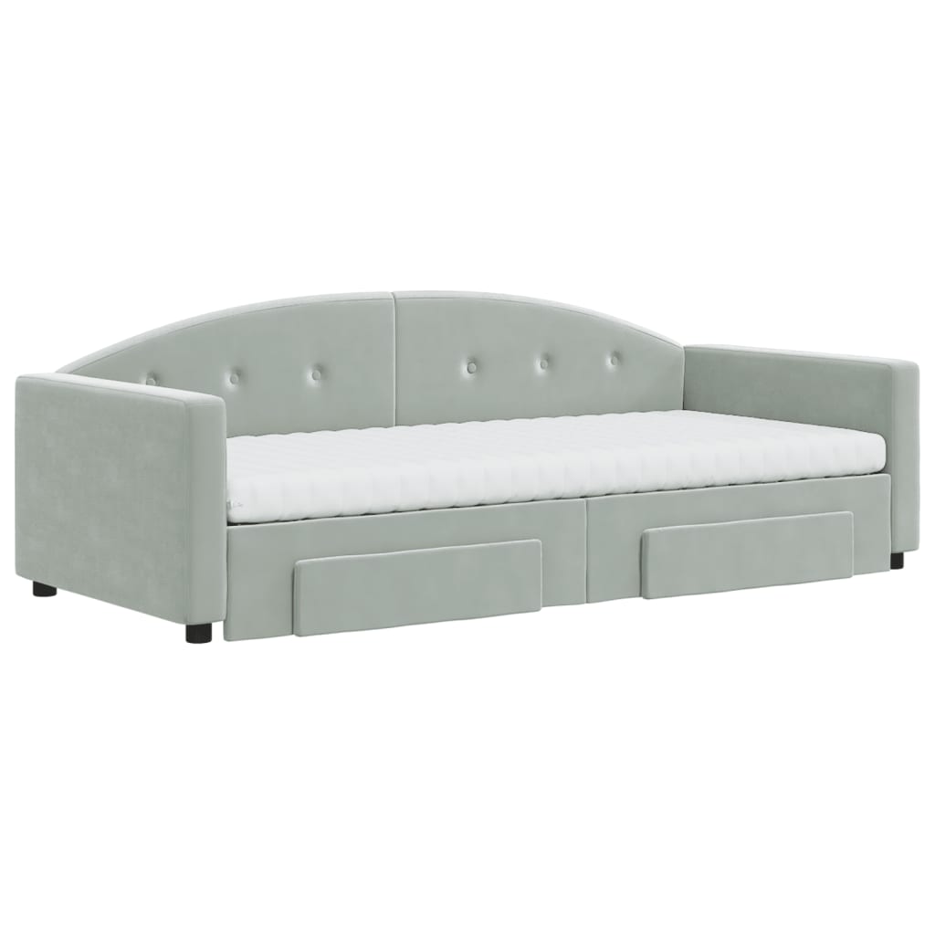 Slaapbank Onderschuifbed En Lades Fluweel 90 x 190 cm Lichtgrijs met onderschuifbed en lade en matras