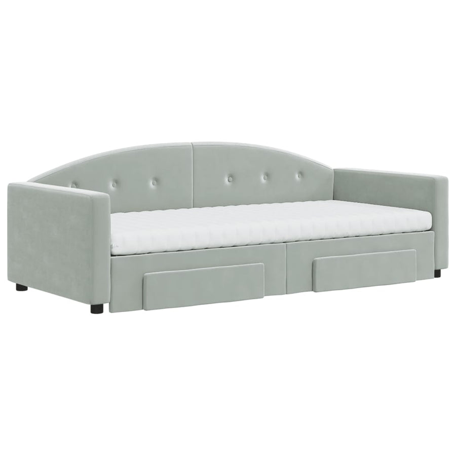 Slaapbank Onderschuifbed En Lades Fluweel 90 x 190 cm Lichtgrijs met onderschuifbed en lade en matras