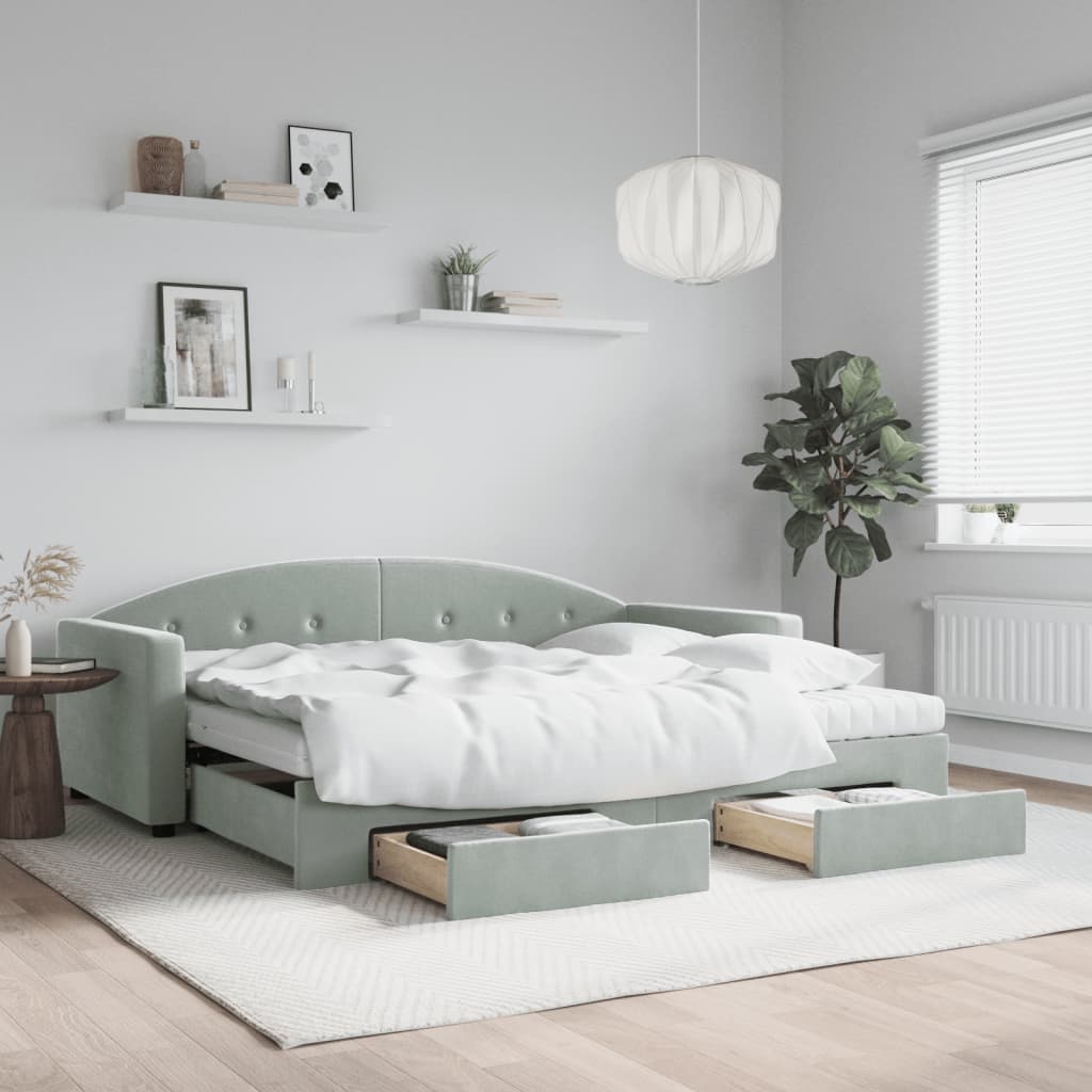 Slaapbank Onderschuifbed En Lades Fluweel 90 x 190 cm Lichtgrijs met onderschuifbed en lade en matras
