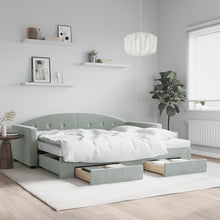 Slaapbank Onderschuifbed En Lades Fluweel 90 x 190 cm Lichtgrijs met onderschuifbed en lade en matras