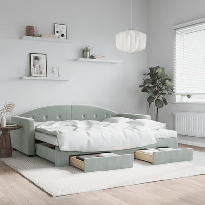 Slaapbank Onderschuifbed En Lades Fluweel 90 x 190 cm Lichtgrijs met onderschuifbed en lade en matras