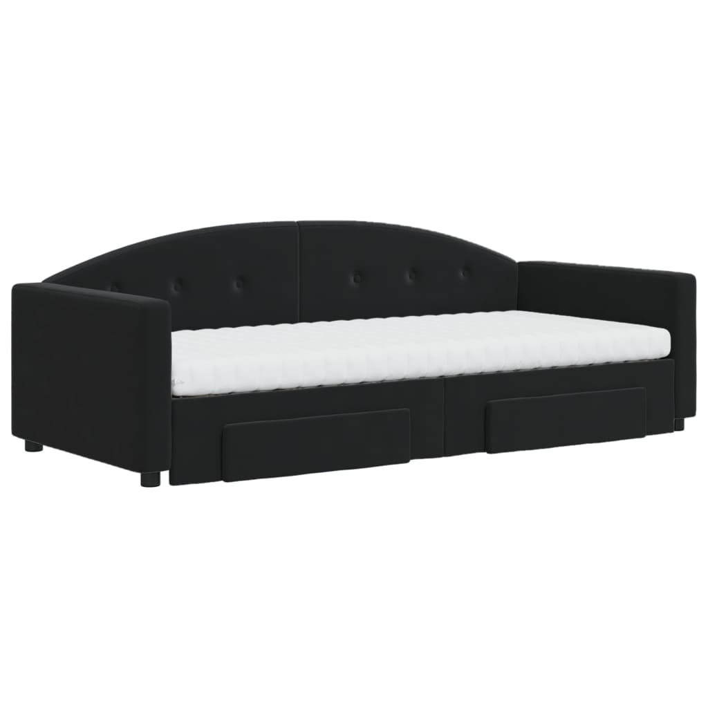 Slaapbank Met Onderschuifbed En Lades Fluweel 90 x 190 cm Zwart met onderschuifbed en lade en matras