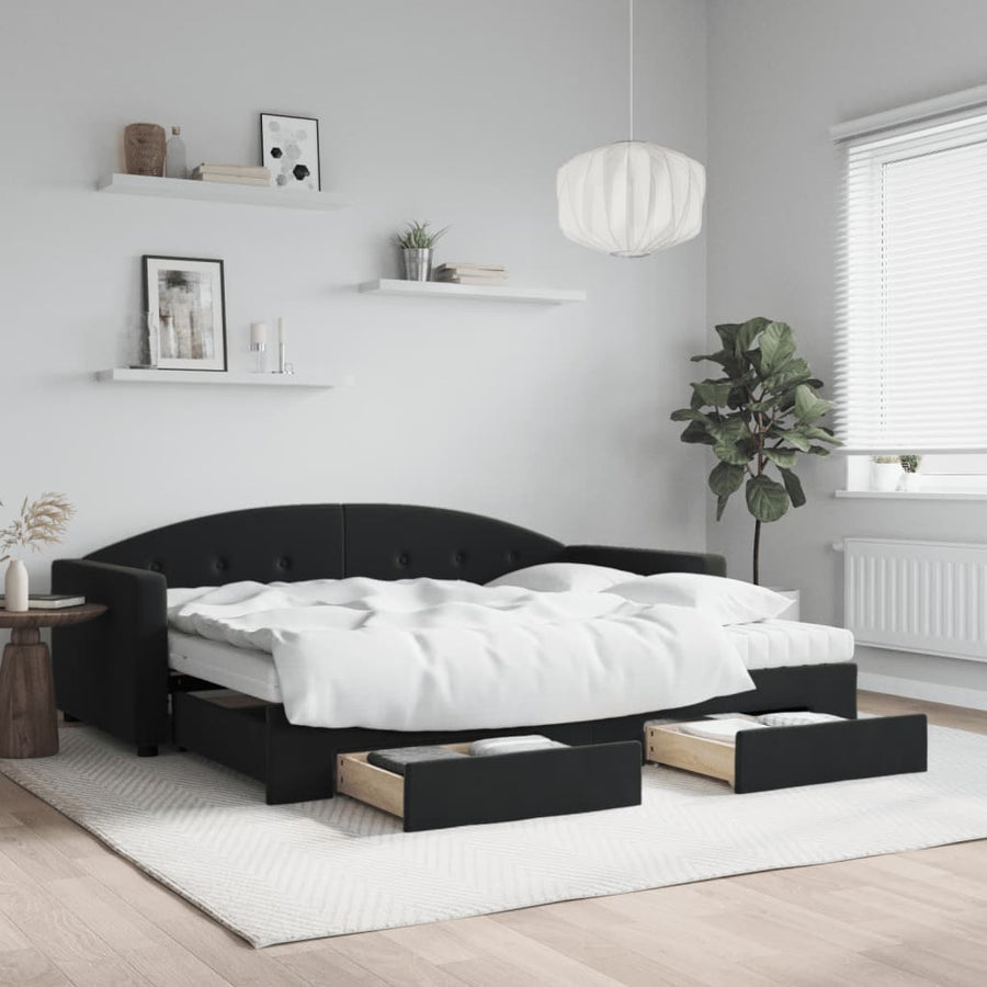 Slaapbank Met Onderschuifbed En Lades Fluweel 90 x 190 cm Zwart met onderschuifbed en lade en matras