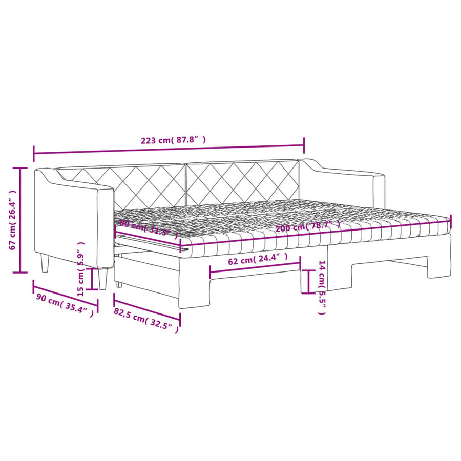 Slaapbank onderschuifbed en matrassen 80x200 cm stof lichtgrijs