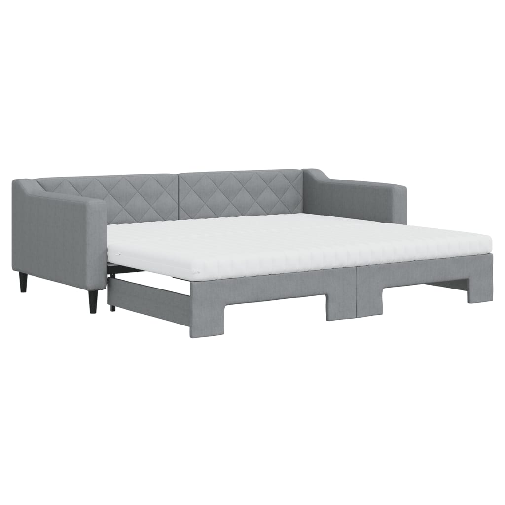 Slaapbank onderschuifbed en matrassen 90x200 cm stof lichtgrijs 90 x 200 cm Lichtgrijs met onderschuifbed en matras