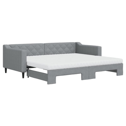 Slaapbank onderschuifbed en matrassen 90x200 cm stof lichtgrijs 90 x 200 cm Lichtgrijs met onderschuifbed en matras