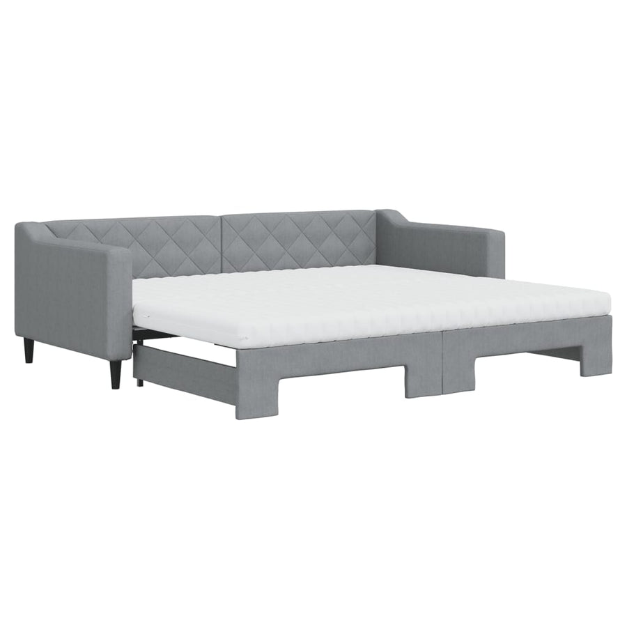 Slaapbank onderschuifbed en matrassen 90x200 cm stof lichtgrijs 90 x 200 cm Lichtgrijs met onderschuifbed en matras