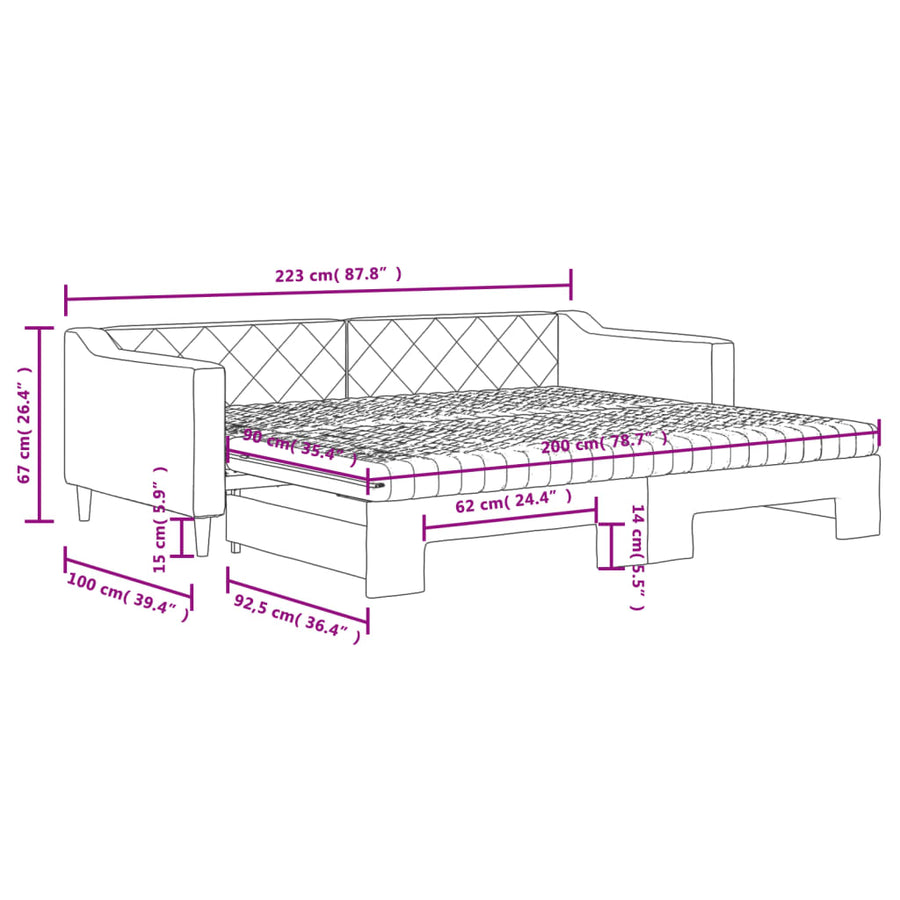 Slaapbank onderschuifbed en matrassen 90x200 cm stof lichtgrijs 90 x 200 cm Lichtgrijs met onderschuifbed en matras