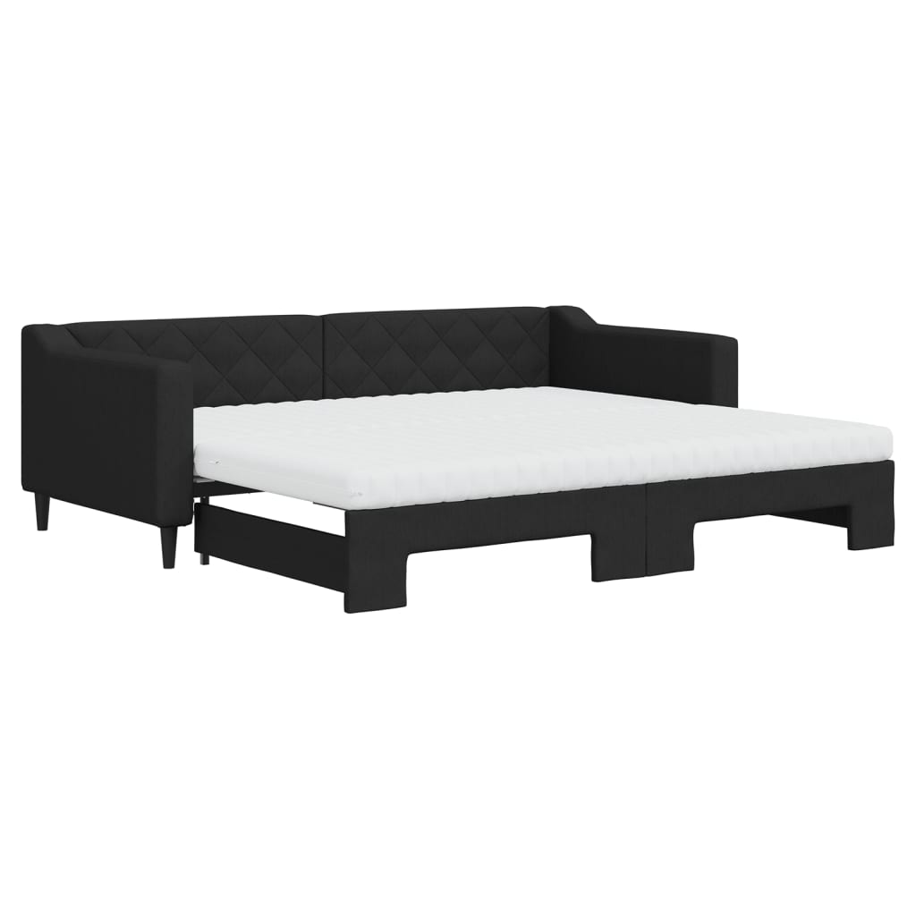 Slaapbank met onderschuifbed en matrassen 90x200 cm stof zwart 90 x 200 cm Zwart met onderschuifbed en matras